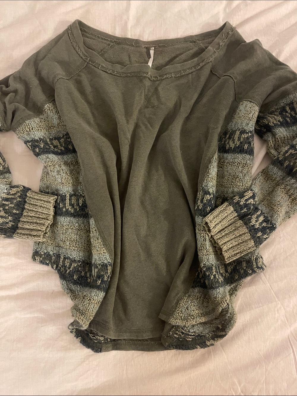Free People Oversized Green Long Sleeve Knit/Cotton Top - SMALL